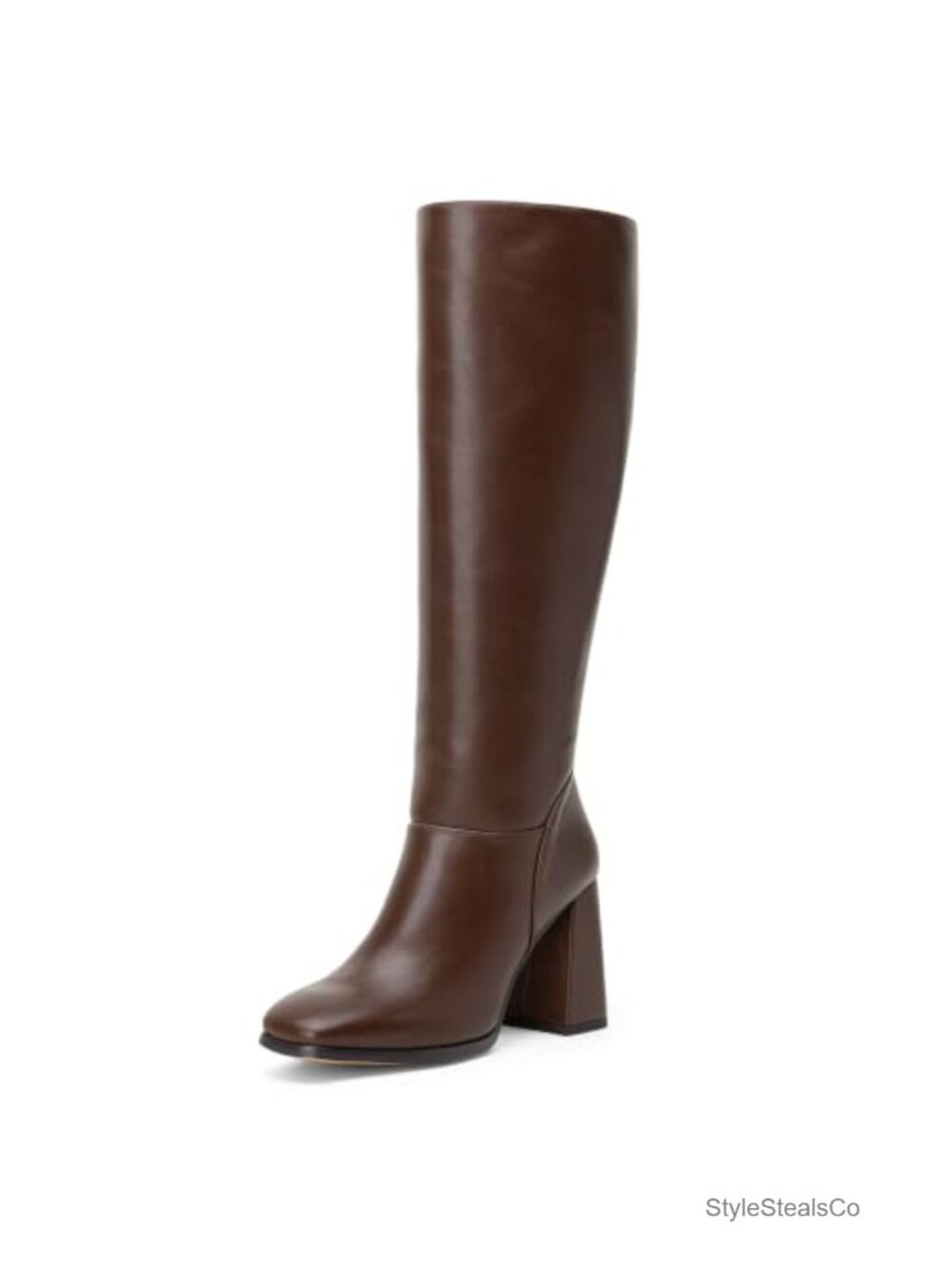 Faux Leather Knee High Boots Square Toe Chunky Block Heel Side Zip